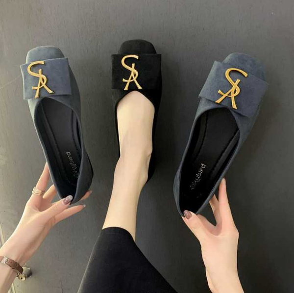 

women single shoes suede metal buckle square head ladies soft bottom women's shoes peas black gray
