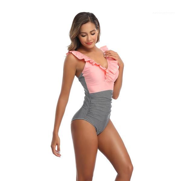 

plus size swimwear printed bikini v neck large swimwear womens one piece frill swimwear, White;black