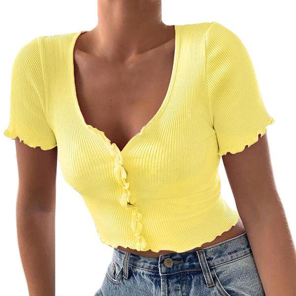 

women's t-shirt ruffled sleeves summer button tight rib knit plain yellow l size, White