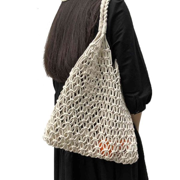 

abdb fashion popular woven bag mesh rope weaving tie buckle reticulate hollow bag no lined net shoulder bag