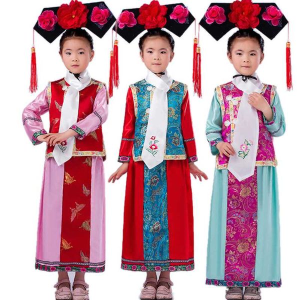 

stage wear hanfu children chinese ancient qing dynasty gege princess dress girl traditional kids folk clothing sl3747, Black;red