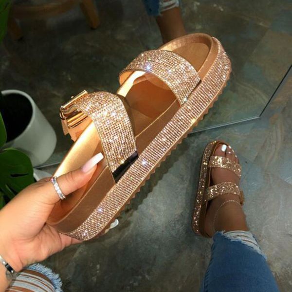 

rimocy gold crystal gladiator sandals women 2020 summer thick bottom wedges heels shoes woman silver rhinestone slippers beach cs09, Black