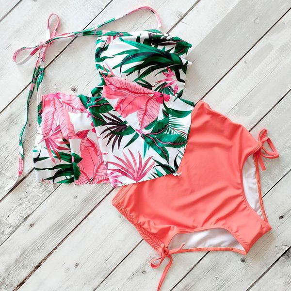 

высокая талия бикини set 2020 урожай цветочные рюшами купальники женщины женщины swim suit плюс размер monokini женский, White;black