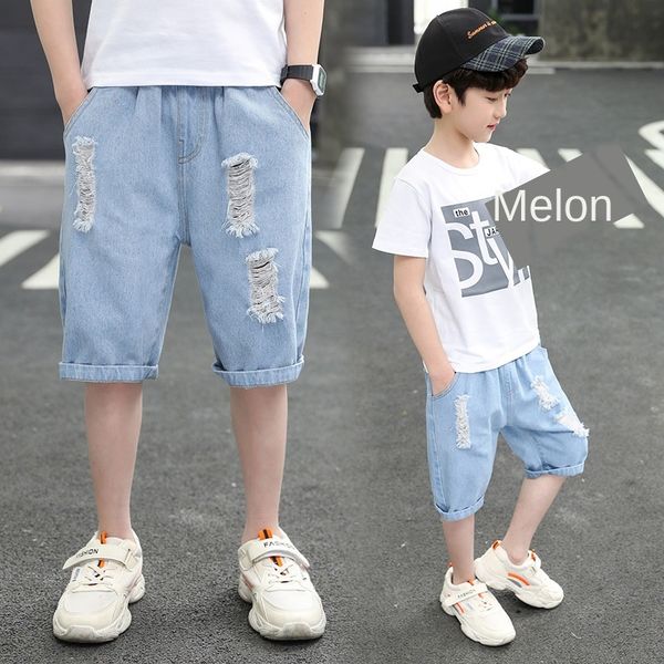 

2020 new boy hole children's jeans and jeans summer pants medium and big children thin begging pants dad, Blue