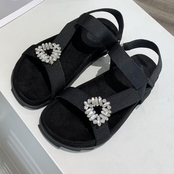 

comfortable shoes for women crystal flower thick sandals women summer fashion new buckle strap shoes, Black