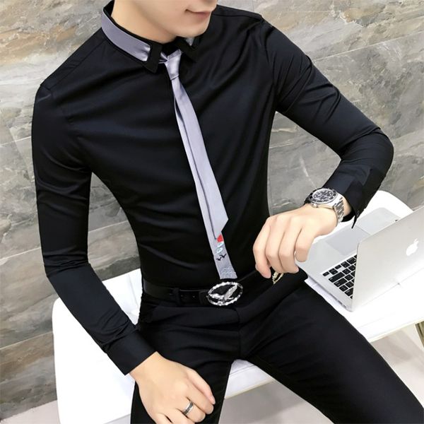 

spring men shirt fashion 2020 korean slim fit dress shirts mens long sleeve creative embroidery tie night club tuxedo shirt men, White;black