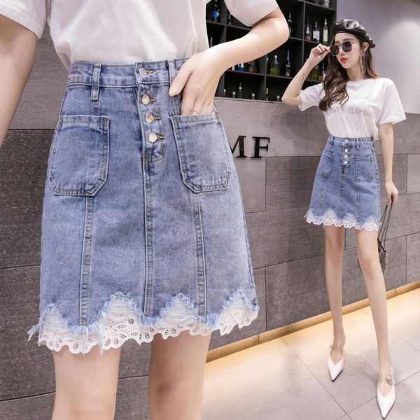 

0j37x 2020 high waist korean style denim parquet half-length hip skirt 2020 high waist lace korean style denim parquet lace half-length hip, Black