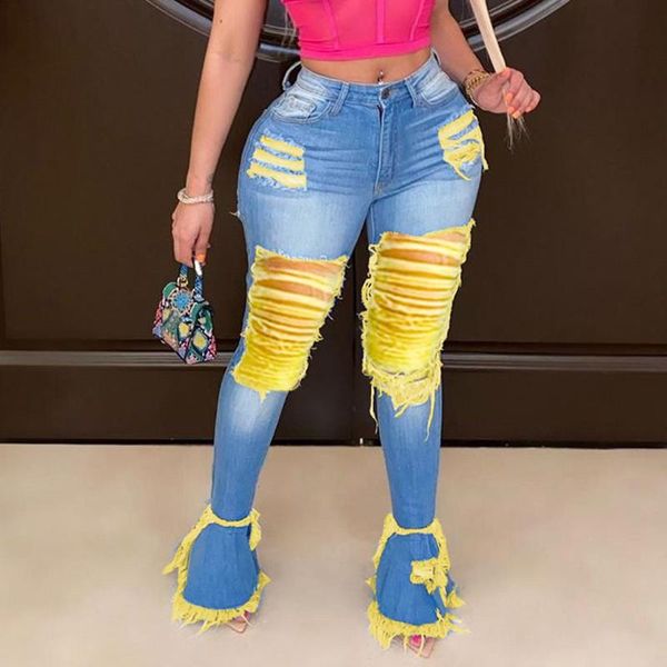 

women's jeans 2021 fashion ripped flared trousers women high waist joggers bell bottom denim skinny female pants, Blue