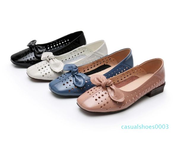

women flat shoes 2020 genuine leather slip on loafers soft moccasins casual shoes women summer breathable hollow flats c03, Black