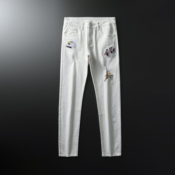 

2020 spring summer autumn birds embroidery elastic jeans destroyed jeans casual slim fit men trousers denim white size 38, Blue