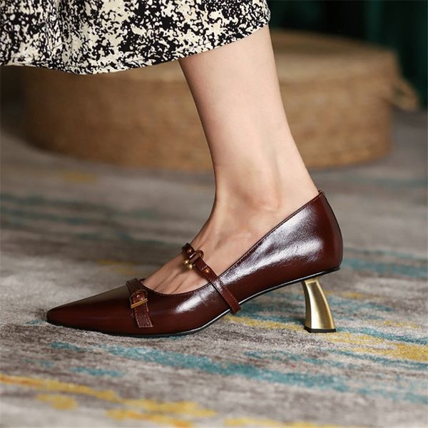 

pxelena designer strange high heels pumps women natural genuine leather mary janes shoes buckle dress party work ladies autumn, Black