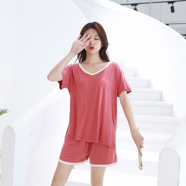 

ahxxj 20 new model pajamas female korean style clothes clothes home furnishing clothing contrast color v-neck short-sleeved pants suit loose, Blue;red