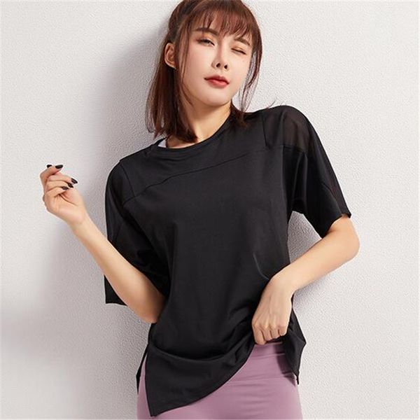 

breathable mesh yarn gym sport t shirt women yoga summer short sleeve fitness running loose plus size tee shirt femme, White;red