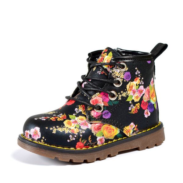 

дими 2020 new kids ботильоны девушки цветочные печати цветка мартин сапоги мода sweet baby девушка сапоги обувь размер 21-30, Black