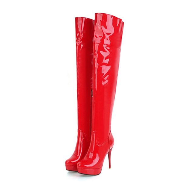 

высокие сапоги женщины зима 2020 тонкие высокие каблуки над коленом загрузки платформы лакированной кожи длинный фетиш обуви леди большого р, Black