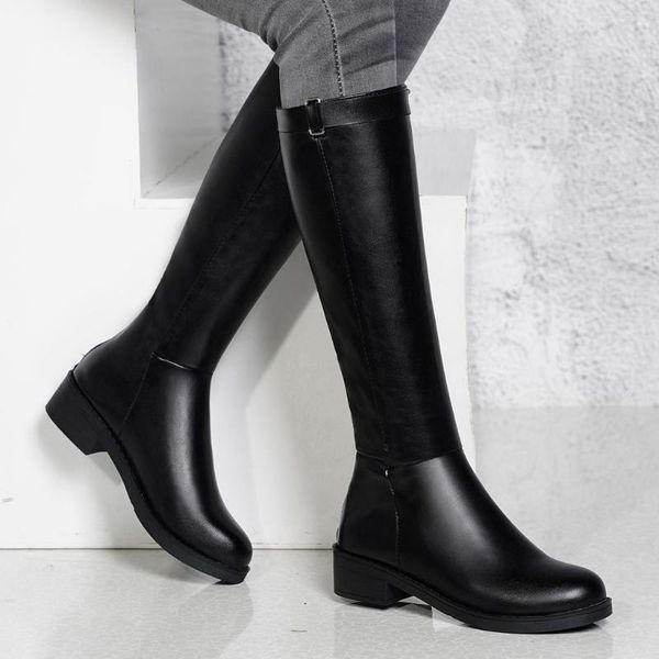 

2020 autumn and winter knee-high boots women long tube round toe zipper square heel long booties female boots for women, Black