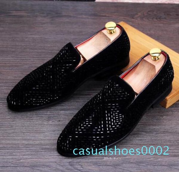 

new dandelion spikes flat leather shoes rhinestone fashion mens loafers dress shoes slip on casual diamond pointed toe shoes,size38-43 c02, Black
