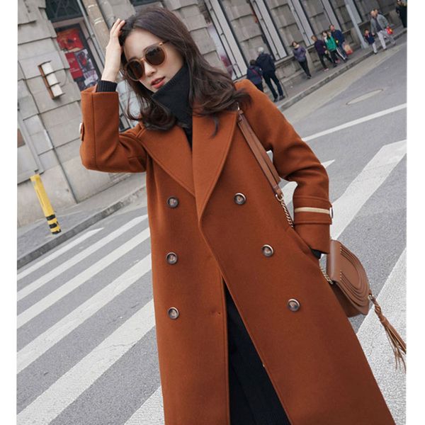 

autumn winter long overcoat women trench jacket pockets double breasted solid slim elegant outwear female woolen coat, Black