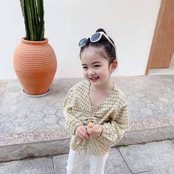 

girl's 2020 new baby doll plaid cotton denim drawstring round neck long shirt doll shirt sleeve fashion, White;black