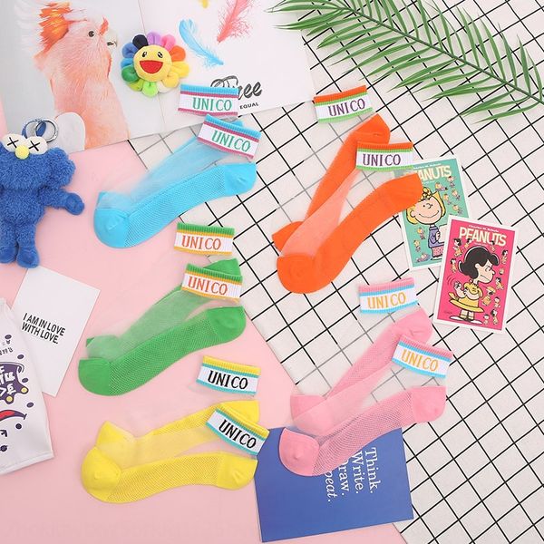 

ut6hv new korean color letter cotton bottom ice summer boat socks stockings ultra-thin socks shallow crystal silk glass silk boat stockings, Pink;yellow