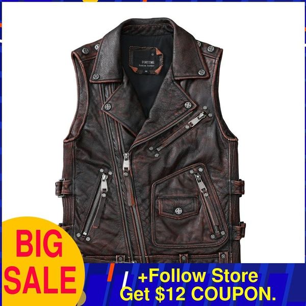 

men's vests 2021 vintage brown biker's style leather vest men plus size 4xl genuine cowhide spring slim fit motorcycle, Black;white
