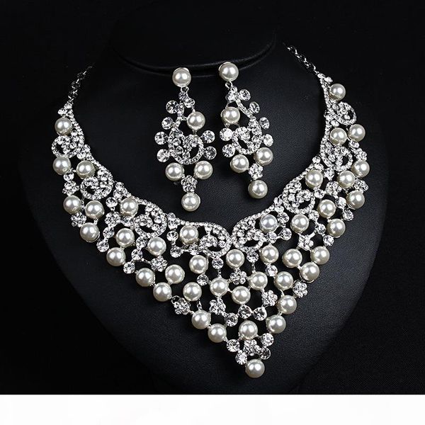 

r exaggerated bride pearl rhinestone necklace earrings set ornament p studio with makeup bride wedding accessories, Slivery;golden