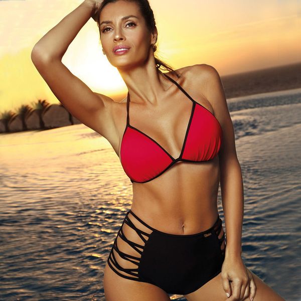 

high waist bikini push up swimwear solid red bandage bikini set swimsuit 2020 new swimming for suit female biquini xl, White;black