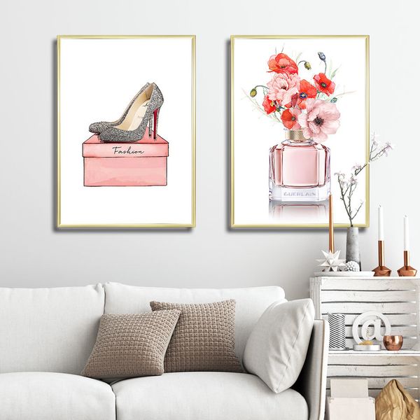 

flower perfume fashion poster high-heeled shoes canvas painting wall art print modern picture for living room on wall home decor