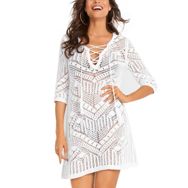 

knitted beach cover up women hollow lace dress tunic swimwear white crochet beachwear long sleeve bathing sundress, White;black