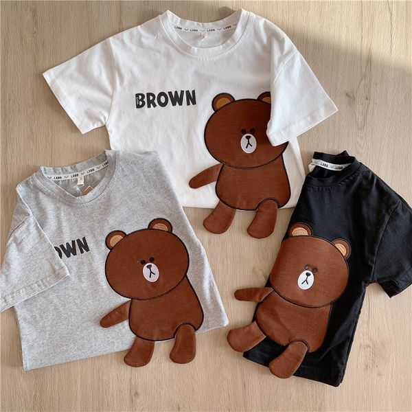 

7fip9 super cute three-dimensional cloth embroidered cartoon baby bear short-sleeved -shirt summer 2020 2-3 years old 4 children's -shi, Blue