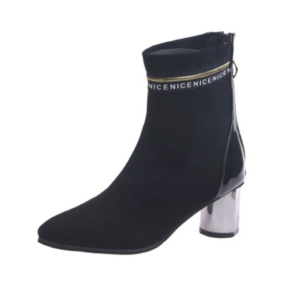 

2020 autumn and winter women's boots fashion wild high-heeled metal decorative suede pointed warm large size women's boots, Black