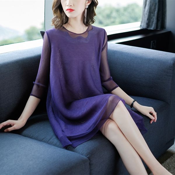 

suitable a- line for fat women pleated dress women's summer 2019 new loose western style mesh beaded pleated a- line dress, Black;gray