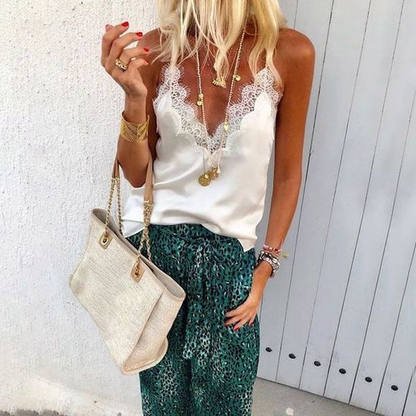 

silk tank women deep v neck mujer new casual ladies vest lace camisole club summer femme, White