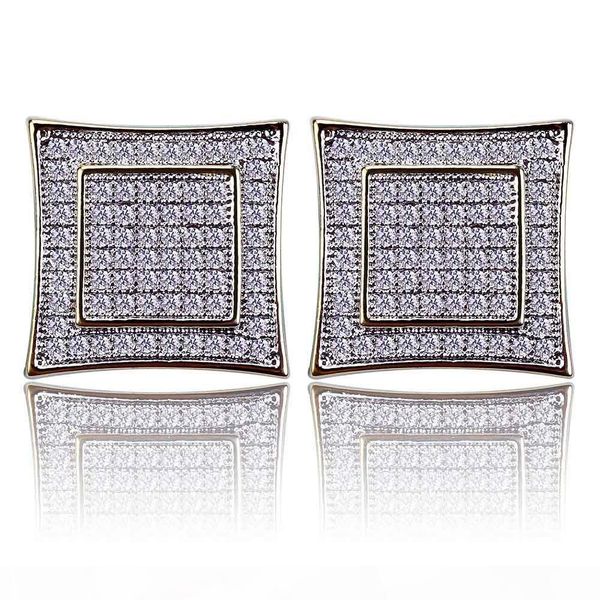 

men hiphop full cubic zirconia stud earrings square copper cz gold plated earrings zircon hip hop rock jewelry accessories, Golden;silver