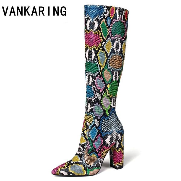 

euro plus size female thick high heels fashion print snake microfiber dress shoes woman autumn winter women knee high boots, Black