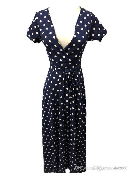 

women dress fashion short sleeve deep v-neck split ribbon vest sling print polka dot lady casual long dresses skirt size s-xl d5, Black;gray