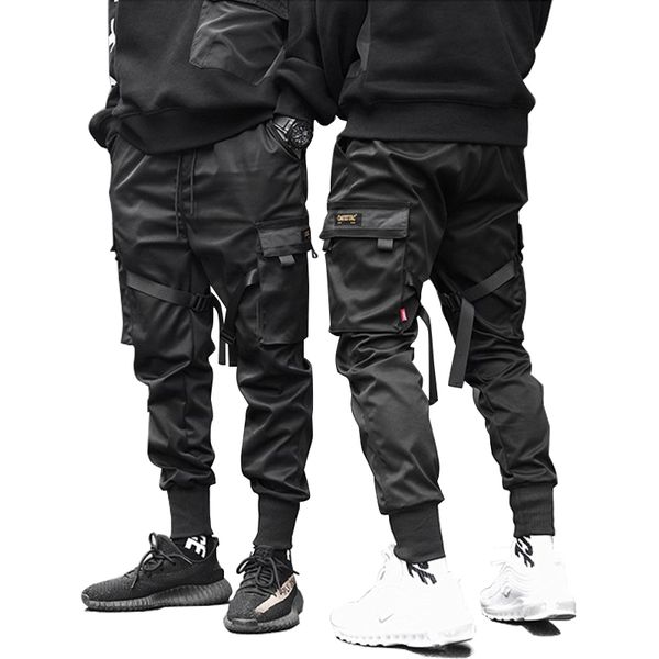 

men's pants male dancing pant harem men streetwear punk hip hop casual trousers joggers multi-pocket elastic waist design, Black