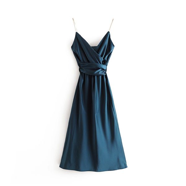 

women elegant satin blue party dress sleeveless backless long dresses female solid elastic waist spaghetti strap dress, Black;gray