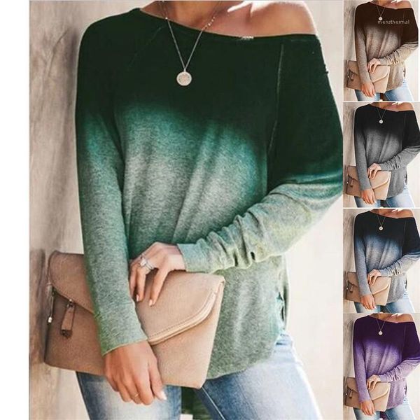 

neck tshirt fashion gradient contrast color long tees casual loose print womens clothing women designer crew, White