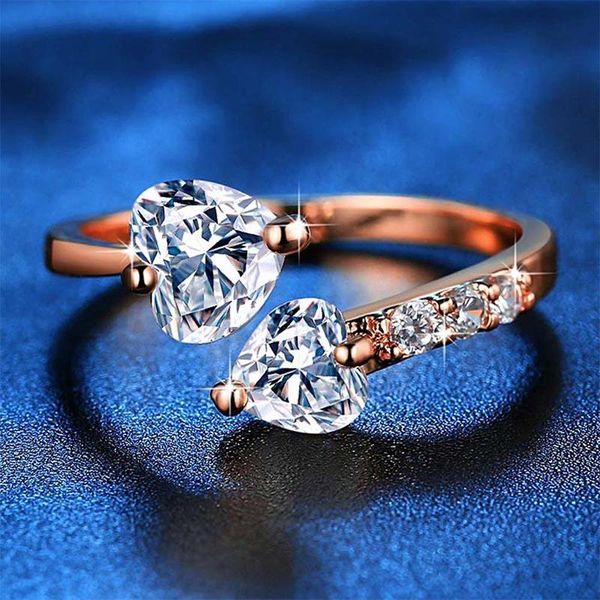 

мода silver rose позолоченный кристалл rhinestone открытые кольца кубический циркон женский двойное сердце для женщин невесты венчания парти