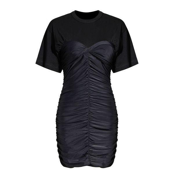 

women white black pleated temperament dress new round neck short sleeve loose fit fashion tide spring summer 2020, Black;gray