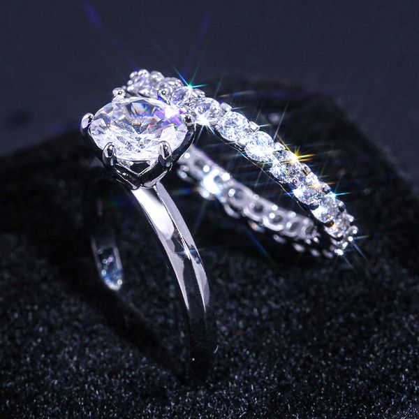 

aprilgrass марка ослепительная 2pc bridal палец кольцо для женщин с круглым cz камень micro асфальтовая предложение обручальное кольцо ювели, Slivery;golden