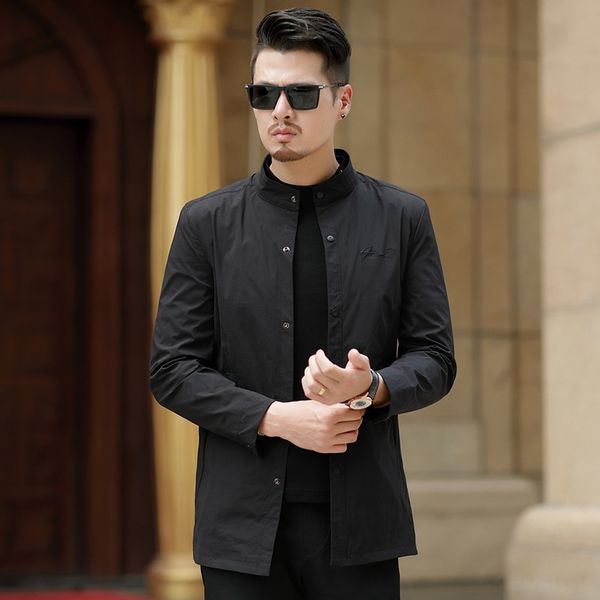 

men's paiovercome spring new thin men's mid-length stand collar jacket business casual solid color jacket, Black;brown