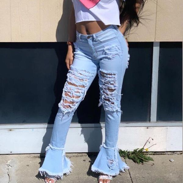 

38#women jeans button pocket hole high waist denim pants skinny slim flares casual jeans women vintage high waist pant, Blue