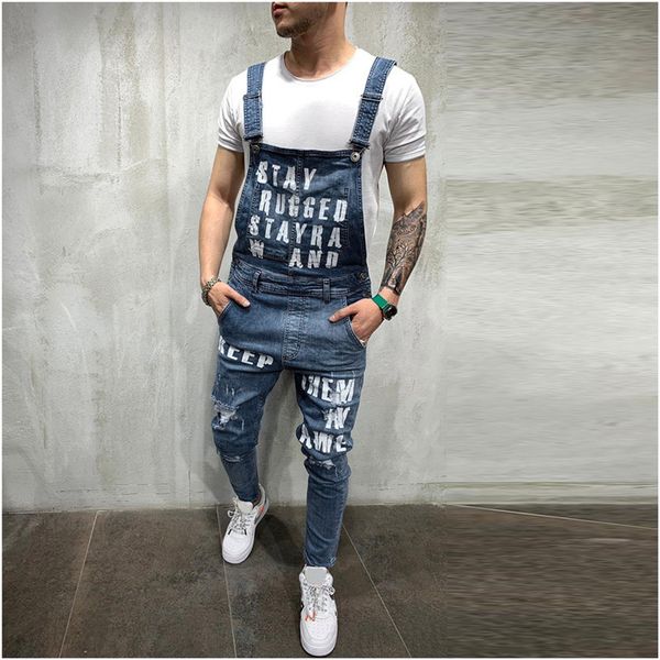 

men's jeans men boyfriend hole pocket streetwear high waist overall jumpsuit ripped for suspender pants e23, Blue