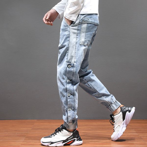 

men's jeans spring autumn 2021 harem brand straight loose sense wide leg students teenagers korean wild elastic waist trousers, Blue