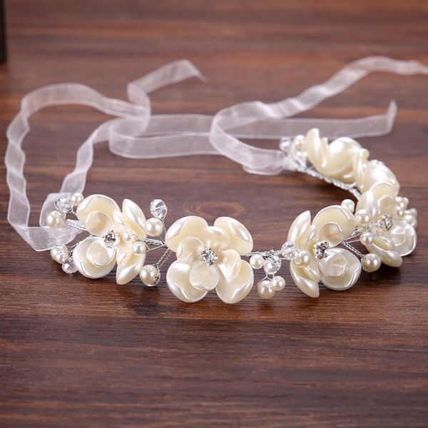 

romantic wedding hair accessories bride tiara pearl floral jewelry headbands handmade flowers women white ribbon crown jl, Golden;silver