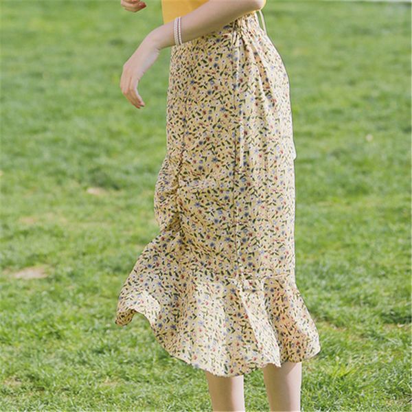 

yellow floral skirt 2020 summer new high waist elegant ruffled midi skirt, Black