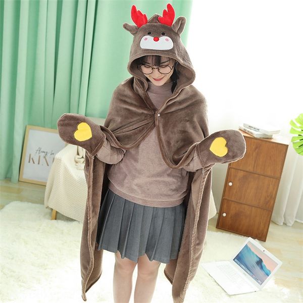 

elk shawl cloak cartoon plush air conditioning cloak air conditioning lazy cute blanket christmas office nap blanket, Blue;gray