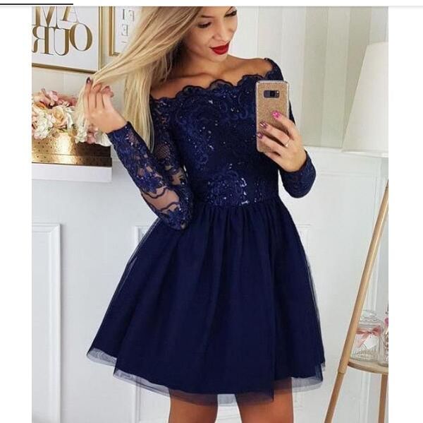 

2020 long sleeves lace a-line homecoming dresses tulle applique short prom cocktail party dresses plus size vestidos de festa bc0062, Red